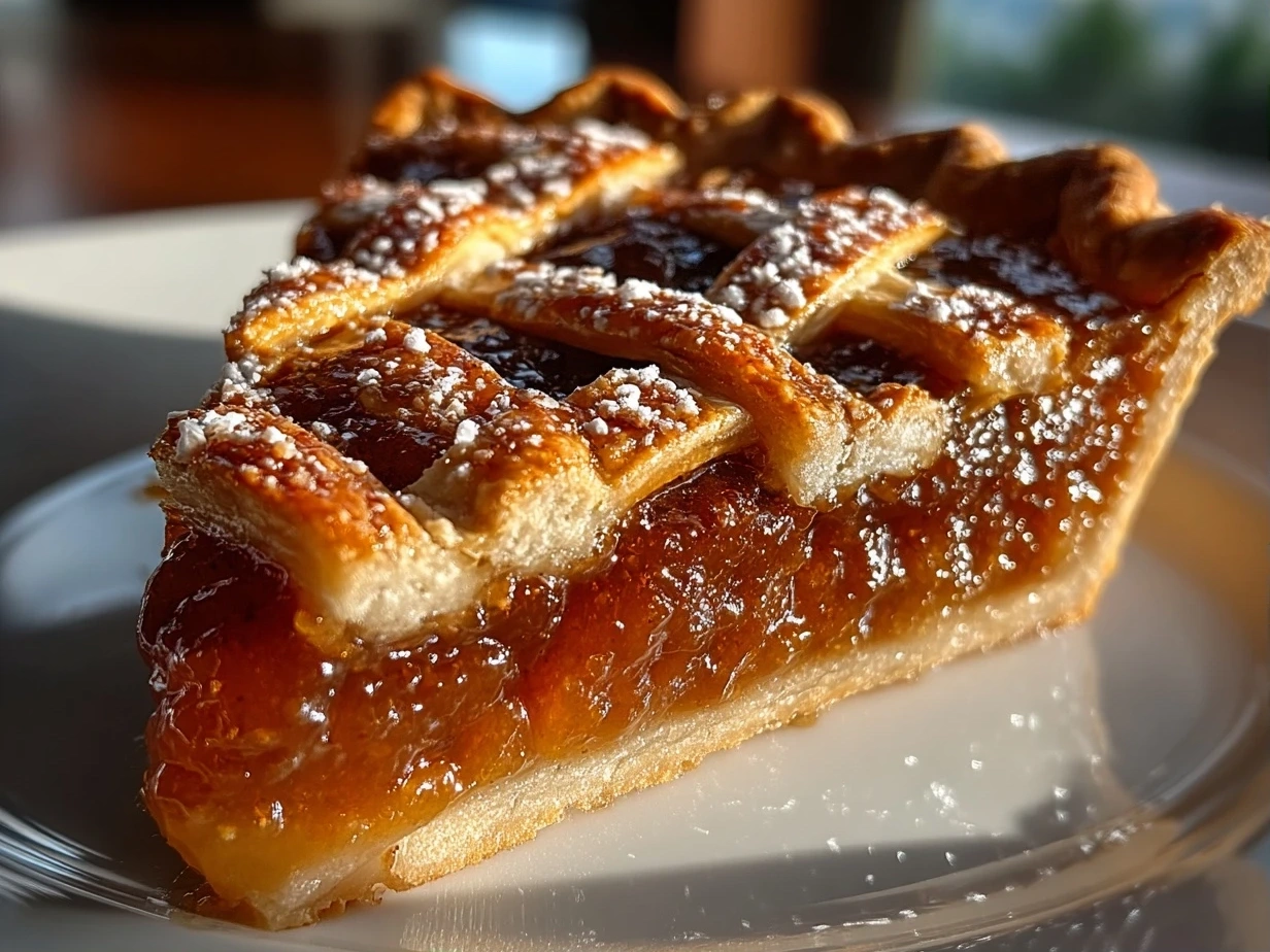 A close-up shot of a slice of Apple Butter Pie
