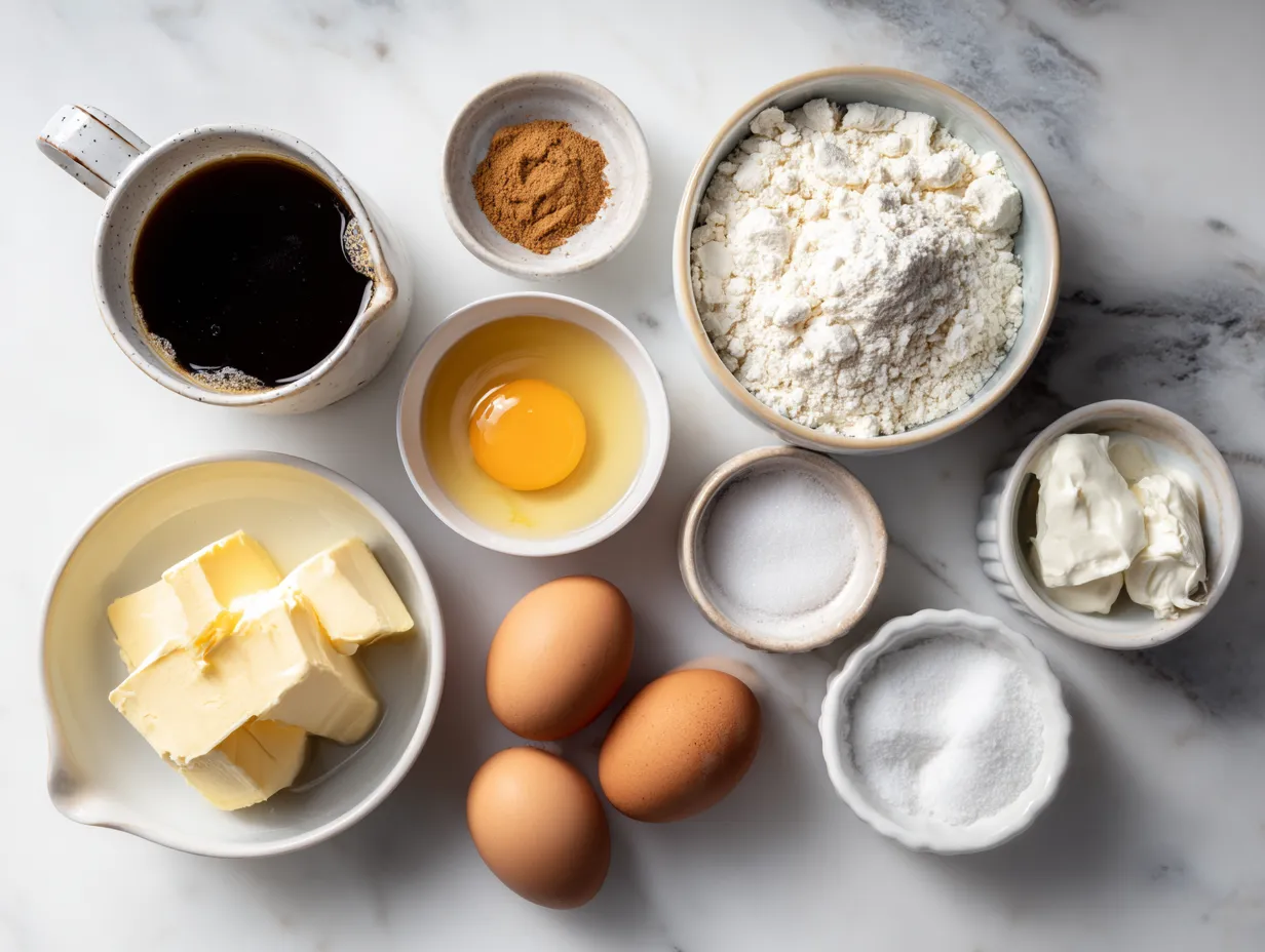 Ingredients for making apple cider cheesecake including graham crackers, butter, cream cheese, apple cider, and spices