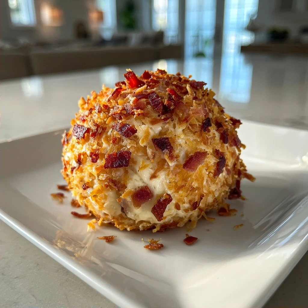 Finished Bacon Cheddar Cheese Ball on a platter with crackers and a knife