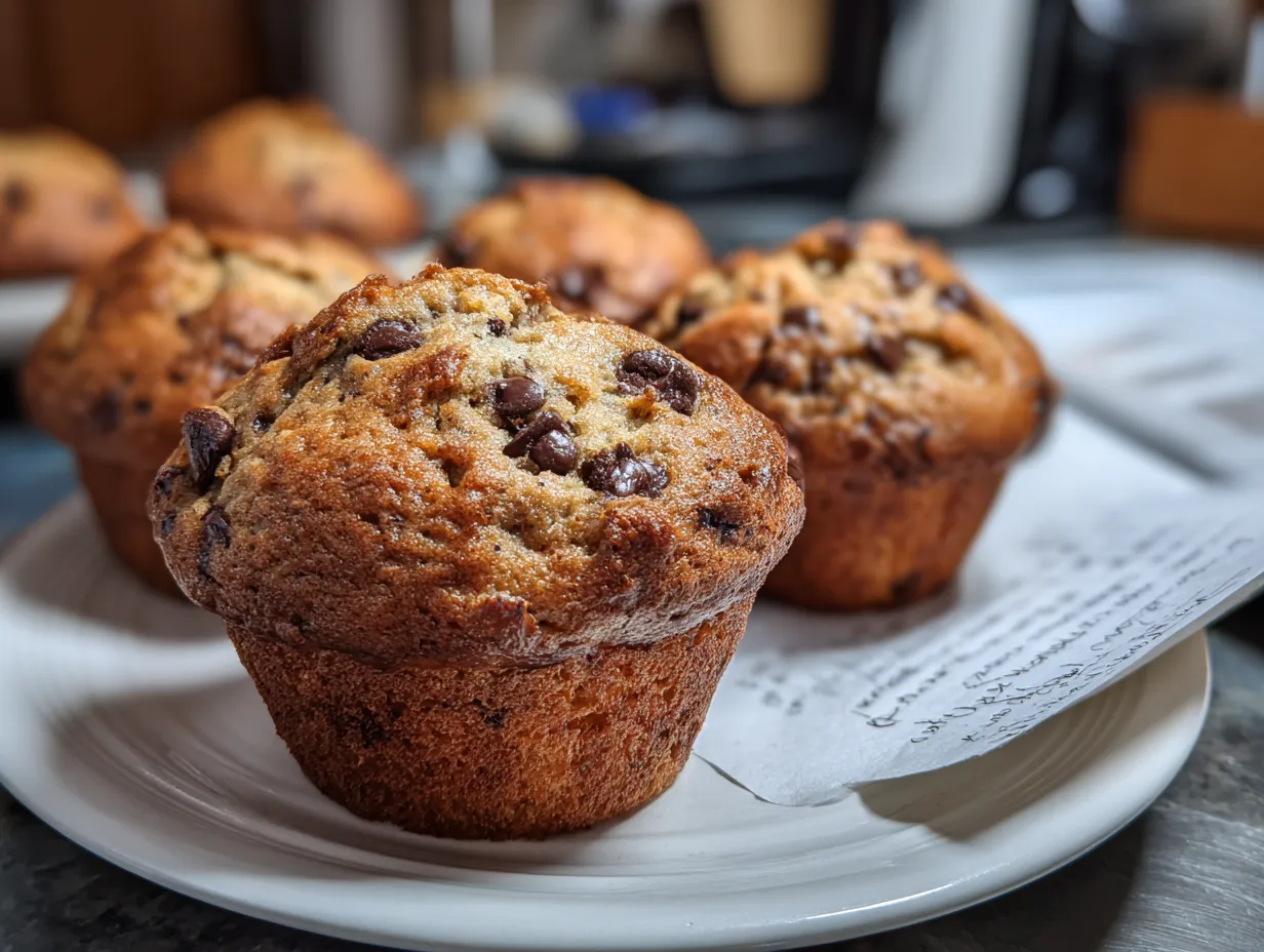 Banana chocolate chip muffins cooling on a kitchen counter