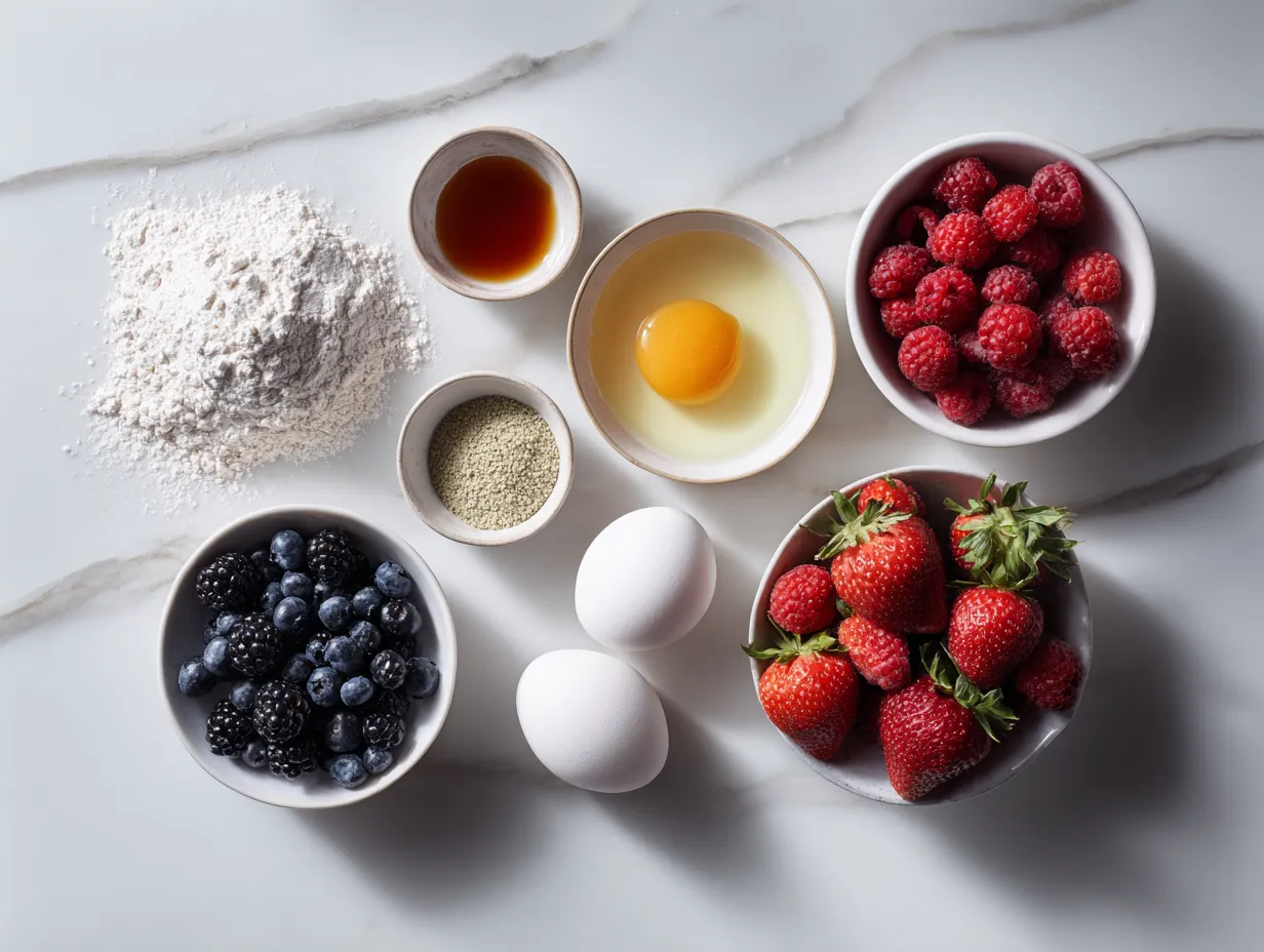 Ingredients for Berry Cheesecake Recipe arranged on a counter