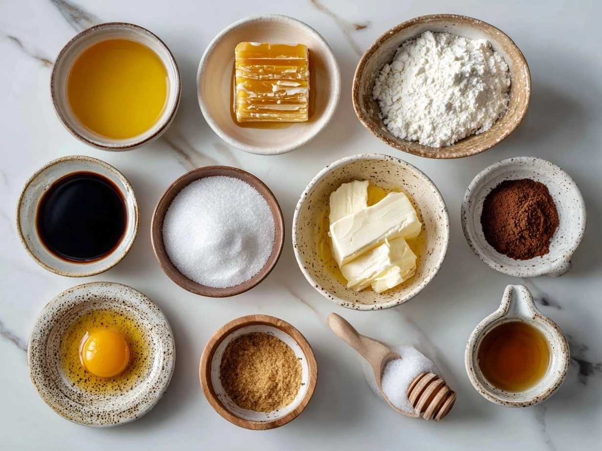 Burnt Honey Pie ingredients: pie crust, butter, honey, sugar, salt, heavy cream, egg yolks, vanilla, and sweetened condensed milk.