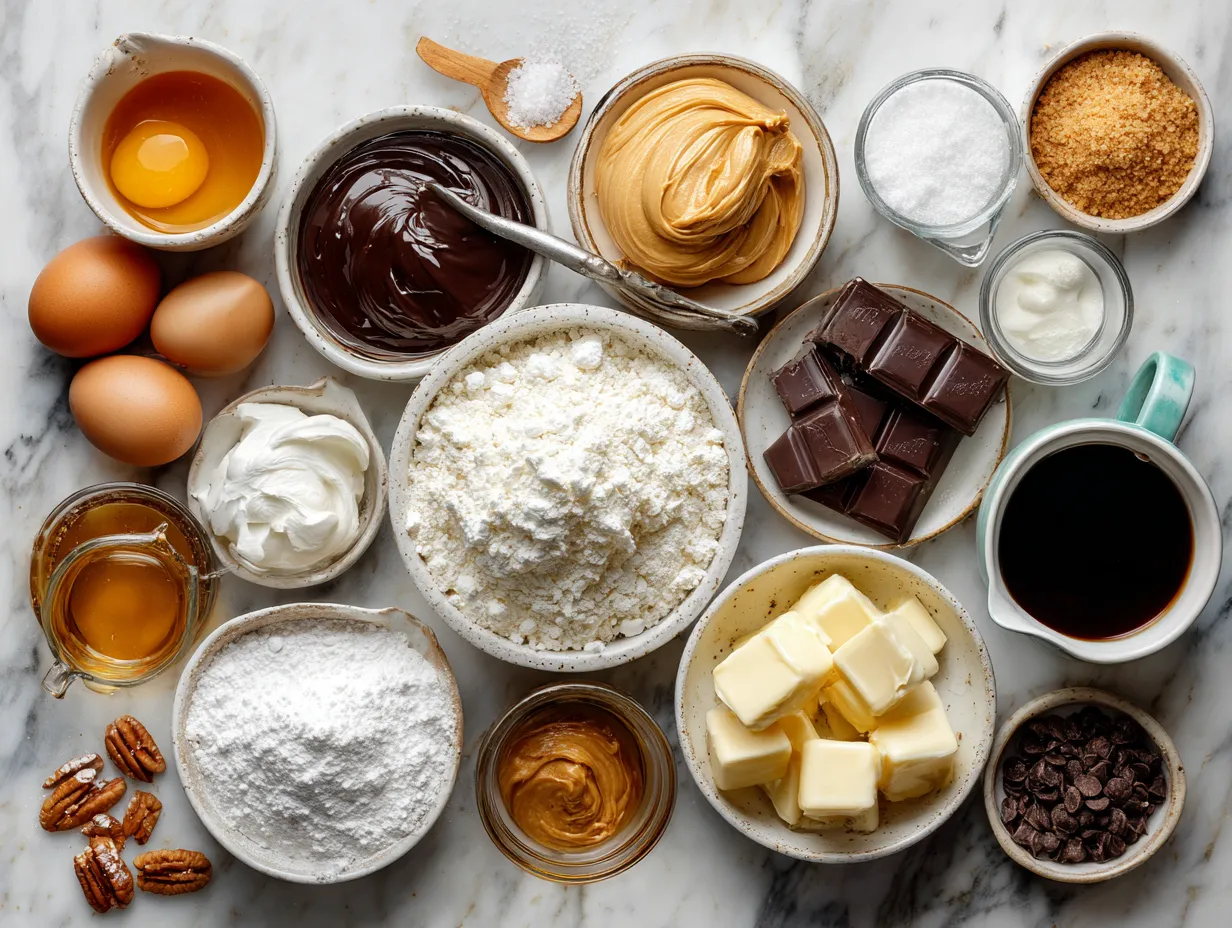 Ingredients for Butterscotch Heaven Pie laid out on a wooden surface, including graham crackers, butter, sugar, and spices.