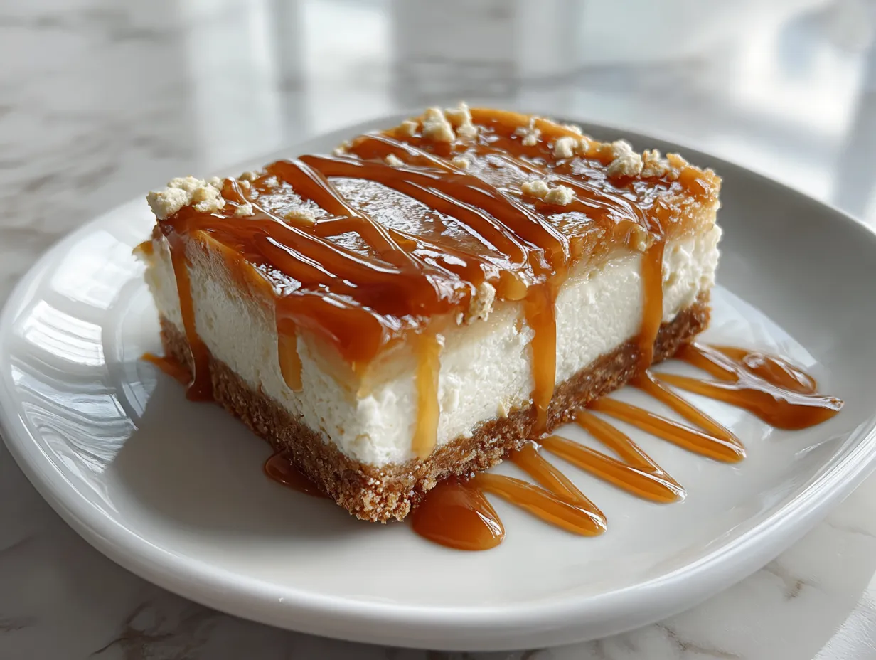 Delicious Caramel Apple Cheesecake Bars drizzled with caramel sauce