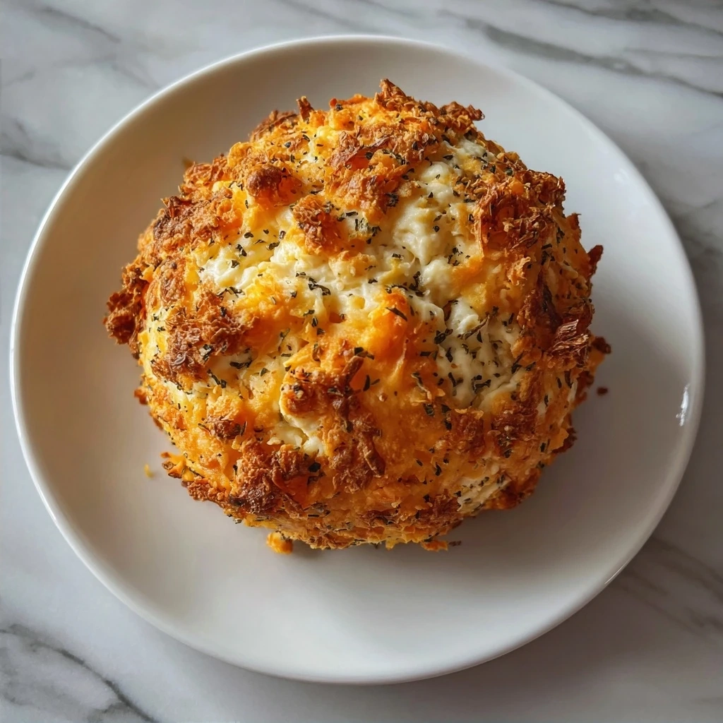Finished Cheddar Ranch Cheeseball with bacon and pecan coating on a serving plate