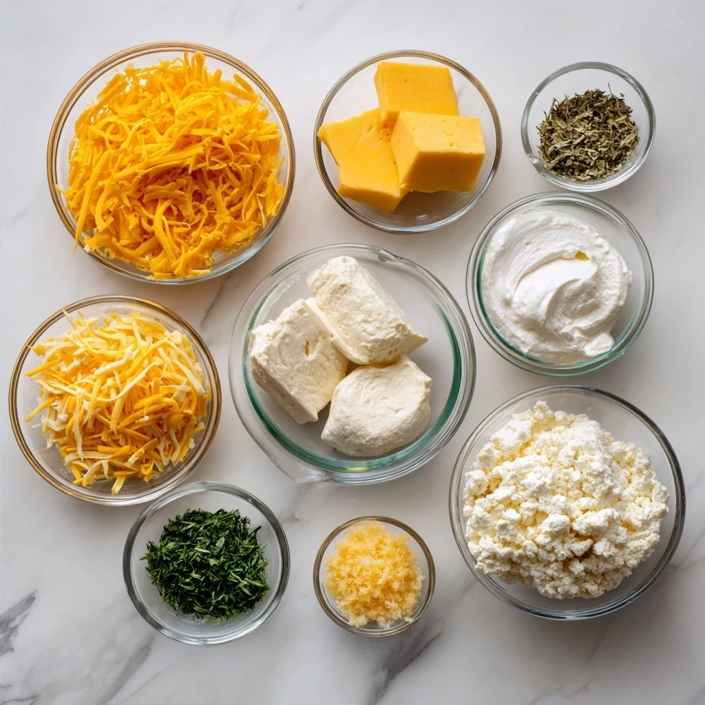Ingredients for Cheddar Ranch Cheeseball including cream cheese, cheddar cheese, ranch dressing mix, sour cream, chives, bacon, and pecans