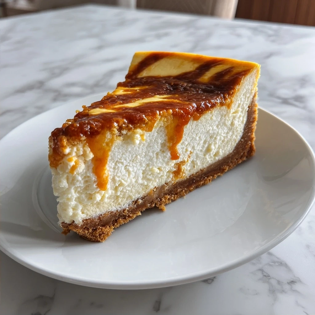 Finished Cheesecake with Pumpkin Swirl with a perfect swirl pattern.