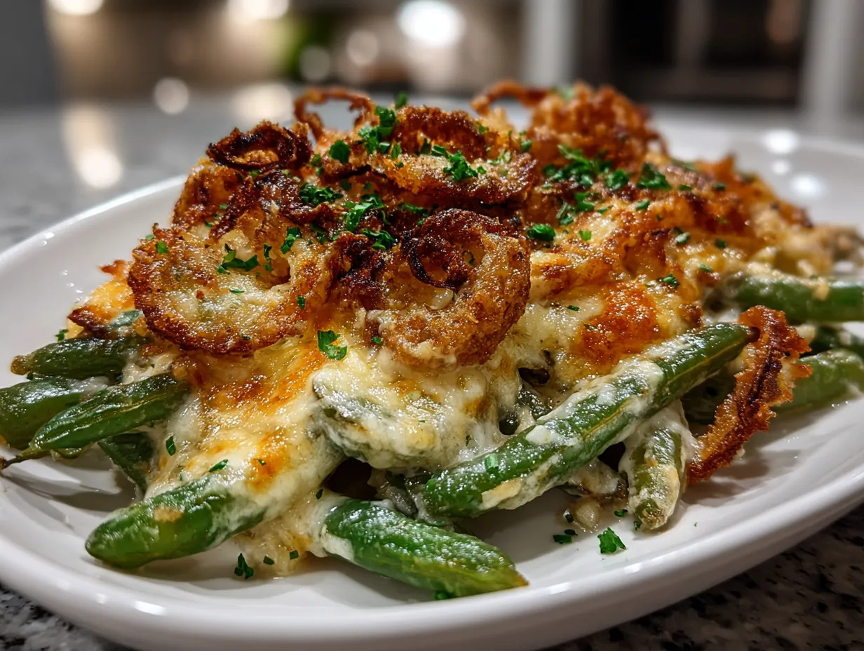 Cheesy Green Bean Casserole Displayed on a Festive Table