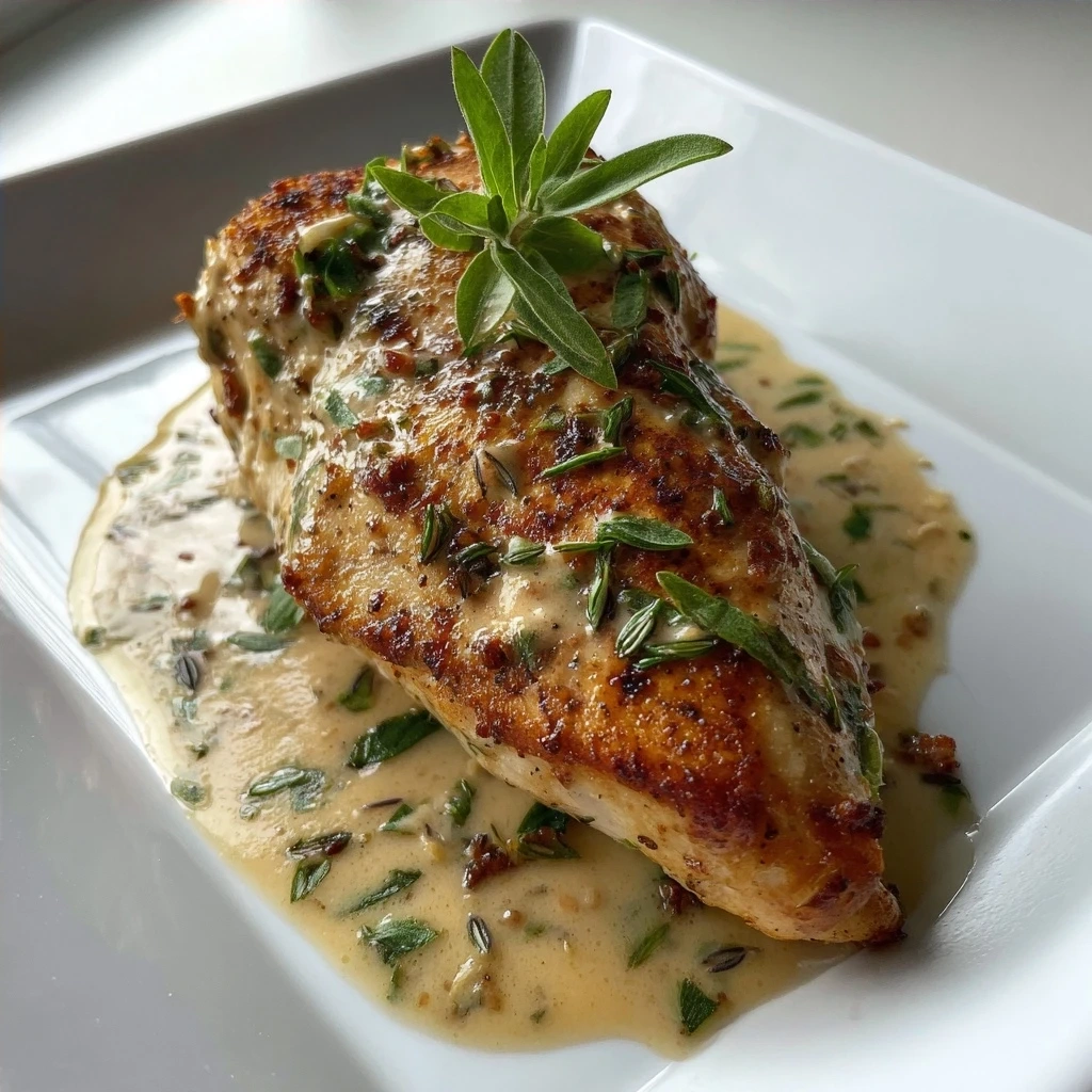 Finished Chicken with Boursin Sauce garnished with parsley.