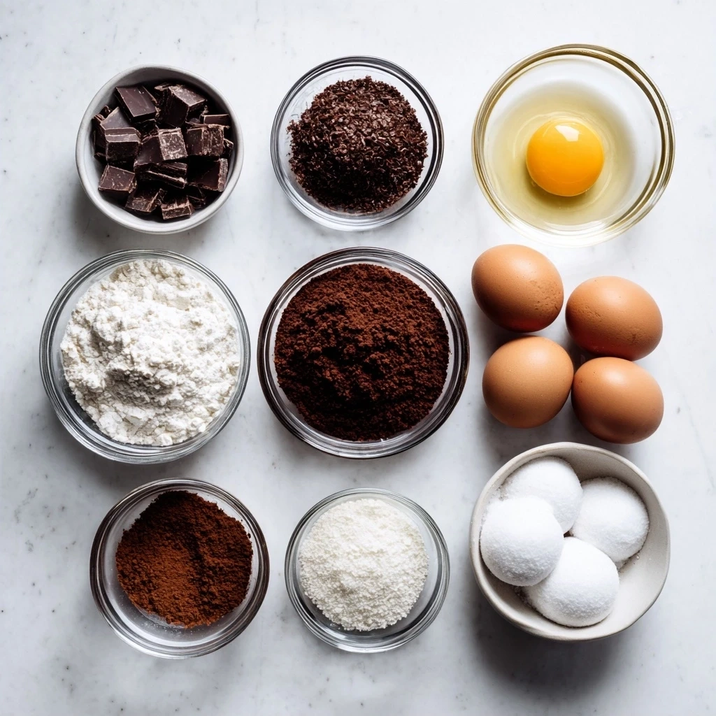 All the ingredients you need to make the Chocolate Mousse Cake Recipe, including flour, sugar, cocoa, buttermilk, eggs, and chocolate.