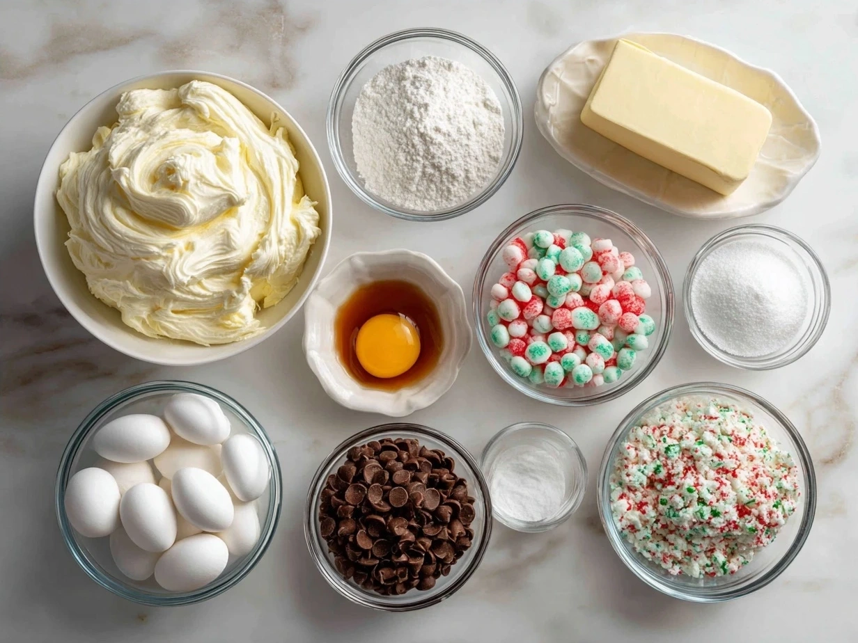 Ingredients for Christmas Cool Whip Candy: Cool Whip, vanilla pudding mix, powdered sugar, milk, vanilla extract, Christmas sprinkles, peppermint candies, and food coloring.