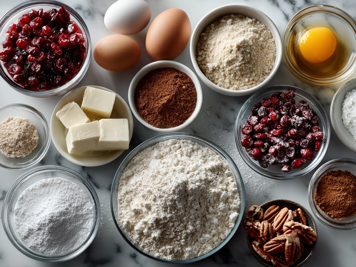 Ingredients for Christmas Cranberry Orange Cookies, including butter, sugar, eggs, flour, cranberries, orange zest, and white chocolate chips.