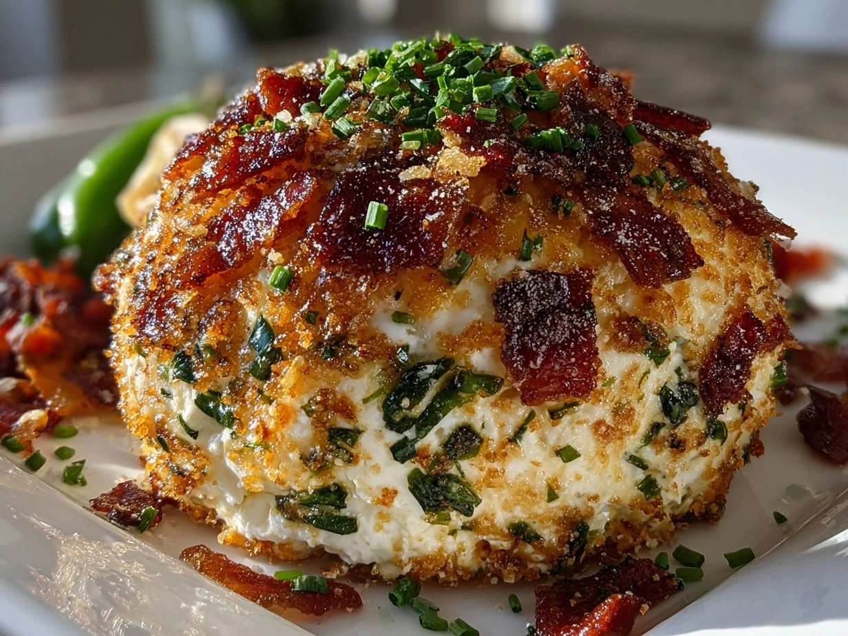 A close-up shot of a perfectly coated jalapeno popper cheese ball, showcasing its creamy texture and spicy flavor.
