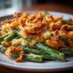 Close-up of freshly baked Garlic Parmesan Green Bean Casserole