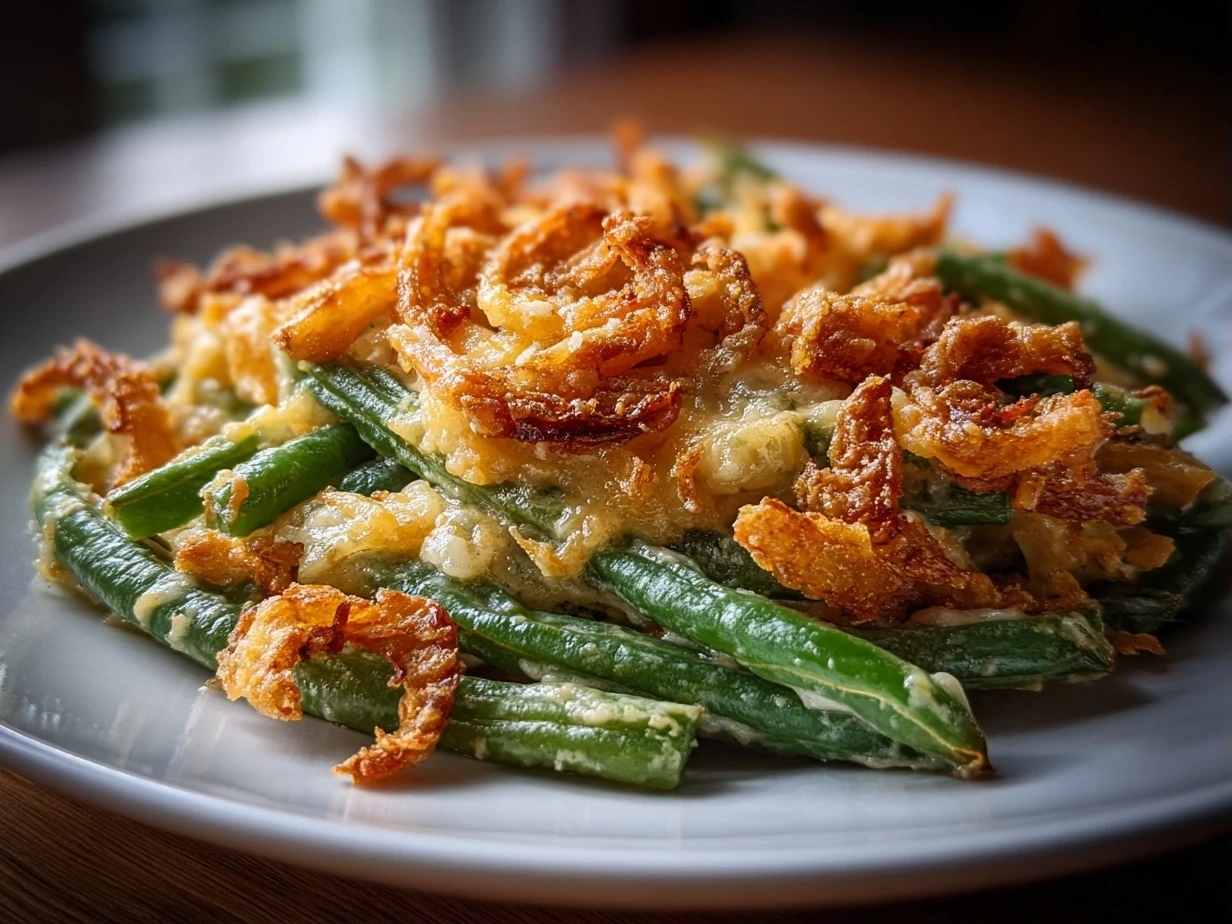 Close-up of freshly baked Garlic Parmesan Green Bean Casserole