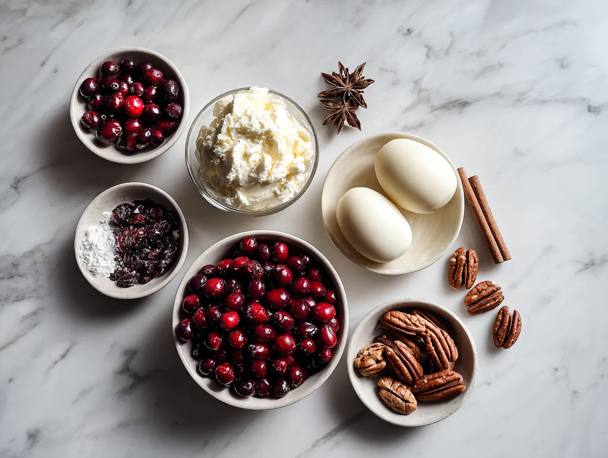 Ingredients for Cranberry Jalapeno Cream Cheese Dip, including cream cheese, cranberry sauce, jalapenos, and cilantro.