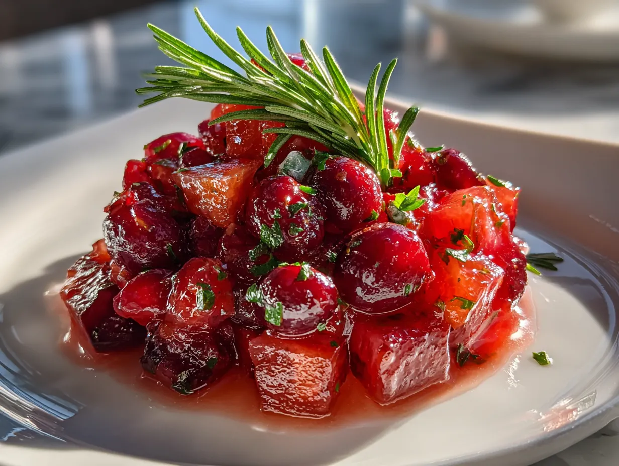 Finished Cranberry Salsa in a bowl with tortilla chips
