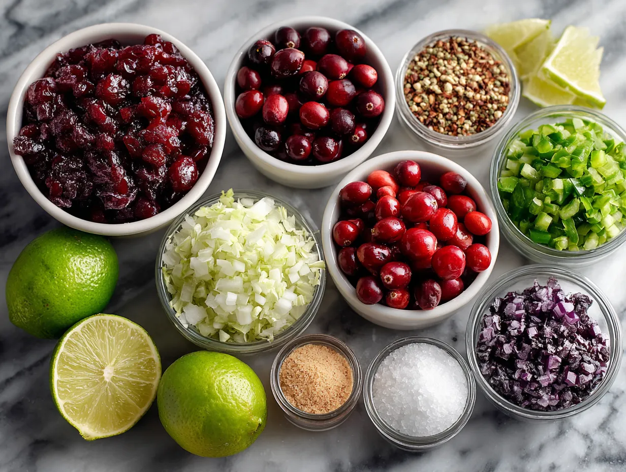 Ingredients for making Cranberry Salsa including cranberries, red onion, cilantro, jalapeños, lime juice, honey, salt and cumin