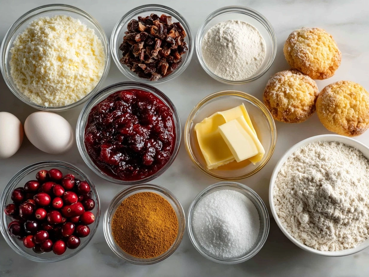 Ingredients for Cranberry Orange Scones including flour, sugar, butter, cranberries and orange zest