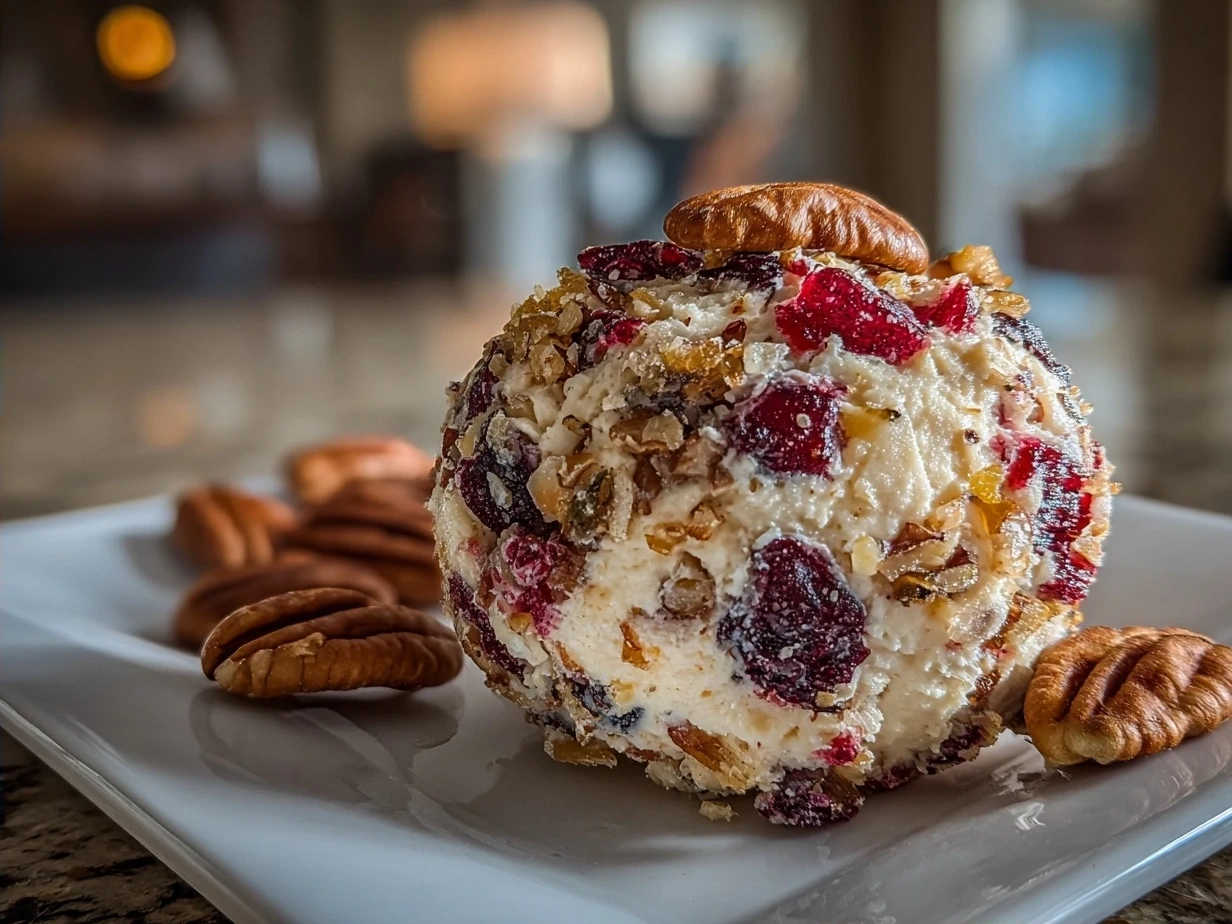 Finished Cranberry Pineapple Pecan Cheese Ball on a serving plate.