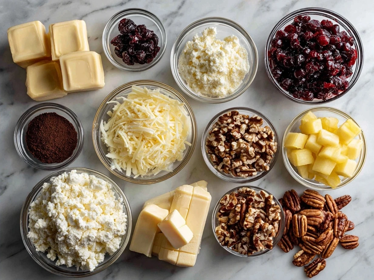 Ingredients for Cranberry Pineapple Pecan Cheese Ball including cream cheese, pineapple, cranberries, and pecans