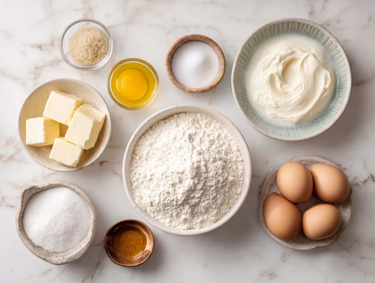 All the ingredients needed to make Cream Cheese Corn Casserole laid out on a wooden surface.