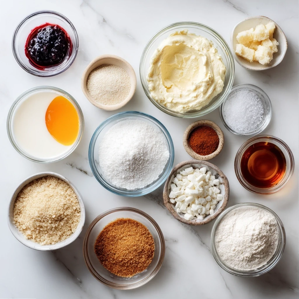 Ingredients for making Creme Brulee Pie including pie crust, eggs, sugar, cream, vanilla, and berries