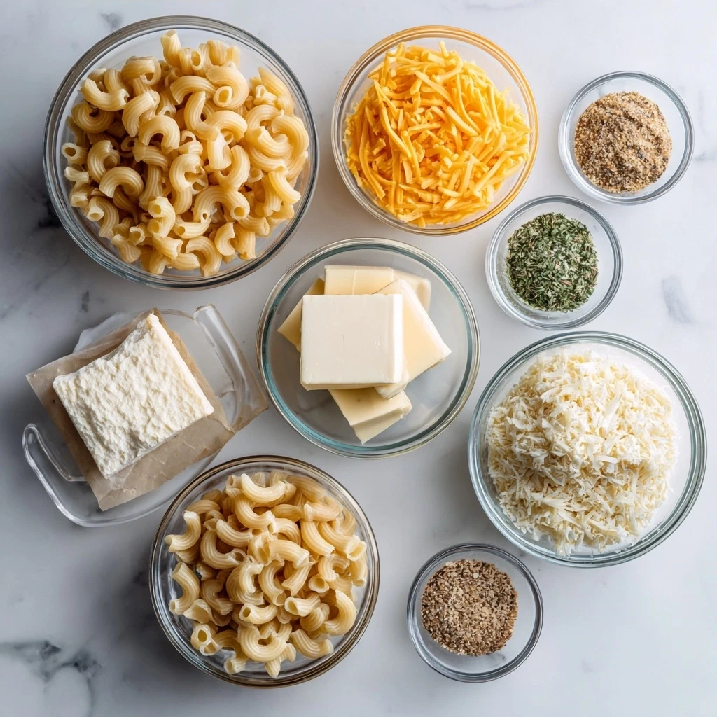 Ingredients for Crockpot Mac and Cheese Recipe including macaroni, cheddar, gruyere, mozzarella, parmesan, evaporated milk, milk, butter, eggs, and spices.