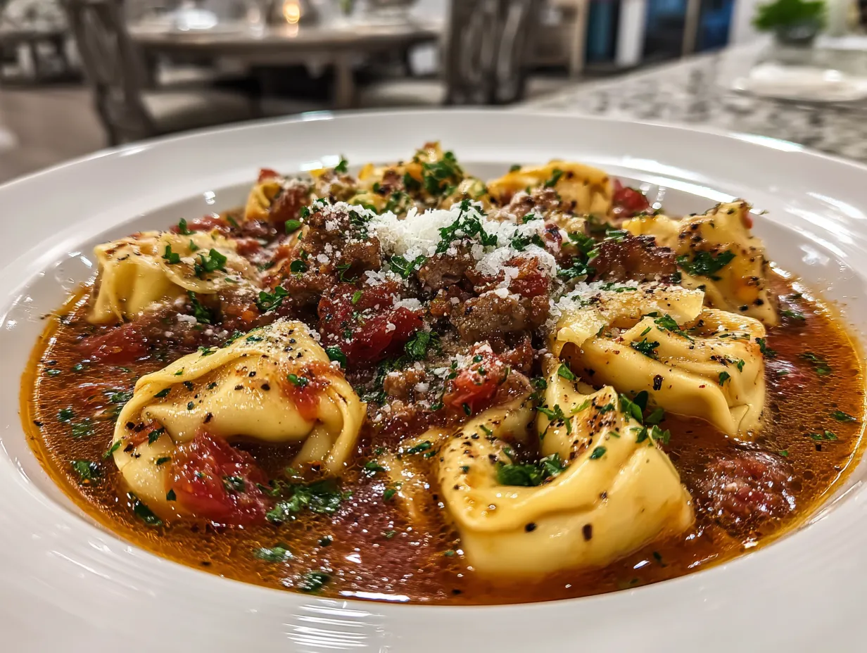 A delicious bowl of creamy tortellini soup with sausage garnished with parmesan cheese.