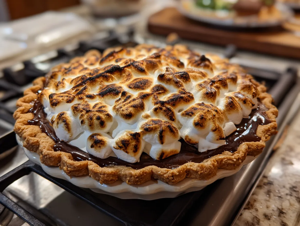 Delicious Smores Pie with perfectly toasted marshmallows and rich chocolate filling.