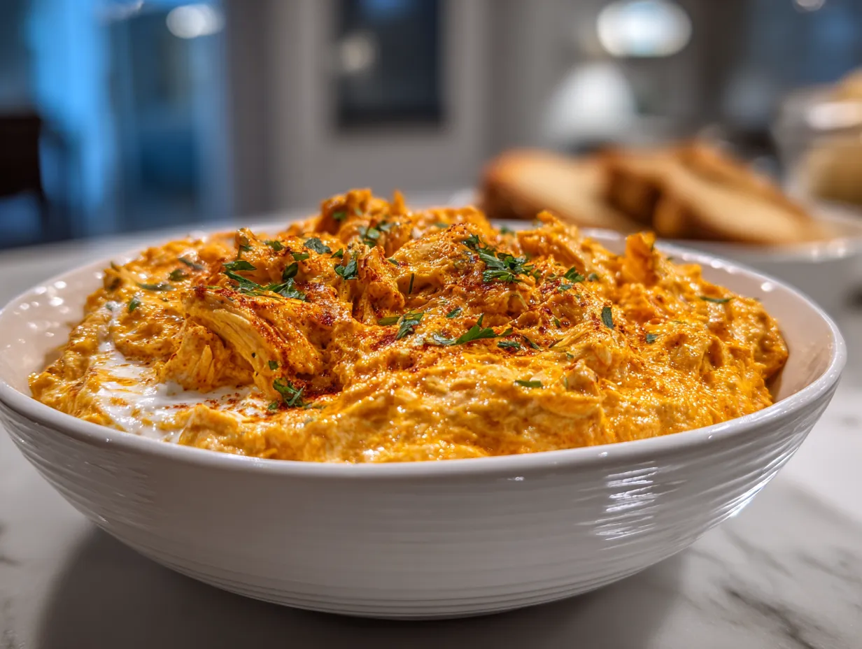 Delicious and bubbly Spicy Buffalo Chicken Dip served warm