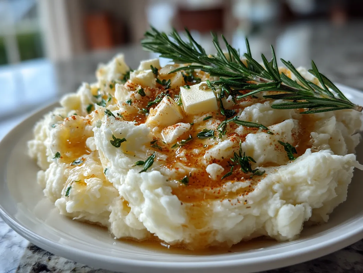 Delicious Rosemary Garlic Mashed Potatoes on a Plate