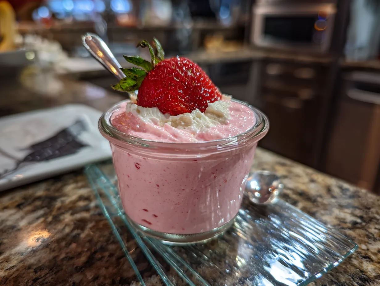 Person enjoying a bowl of homemade Strawberry Aquafaba Mousse.