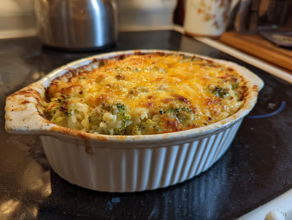 Golden brown Broccoli Cheese Rice Casserole in a baking dish