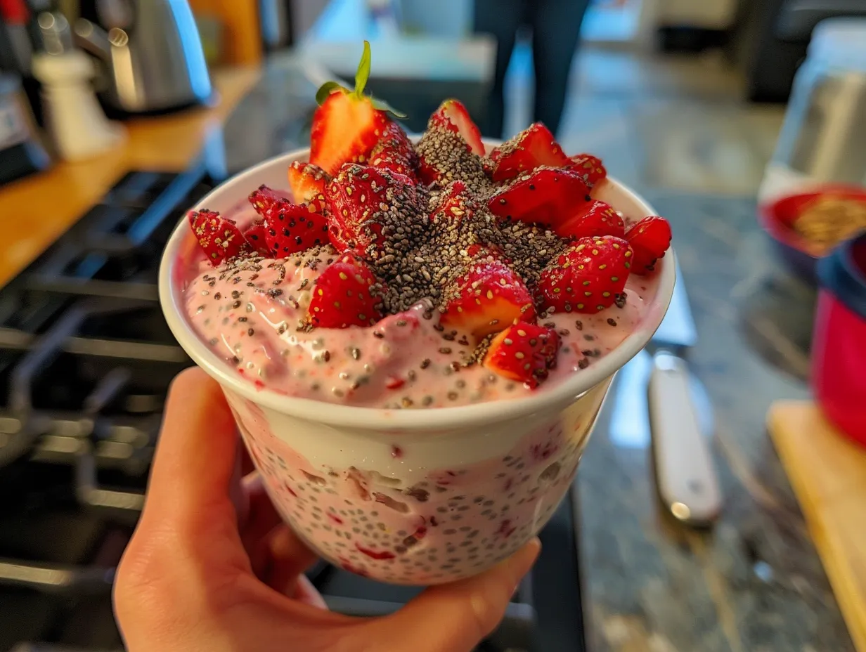 Finished strawberry chia seed pudding with coconut milk