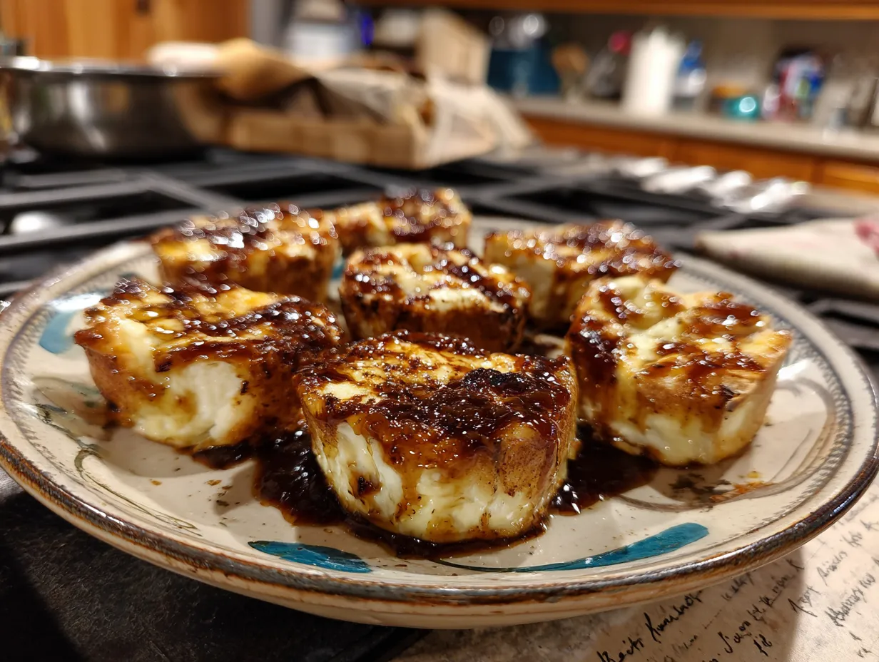 Finished Apple Butter Brie Bites arranged on a kitchen counter, drizzled with honey and ready to serve.