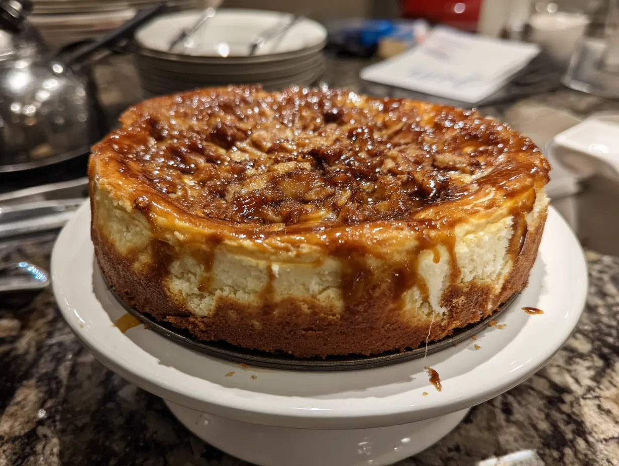 A beautifully garnished Apple Cider Cheesecake with caramel sauce and apple slices.