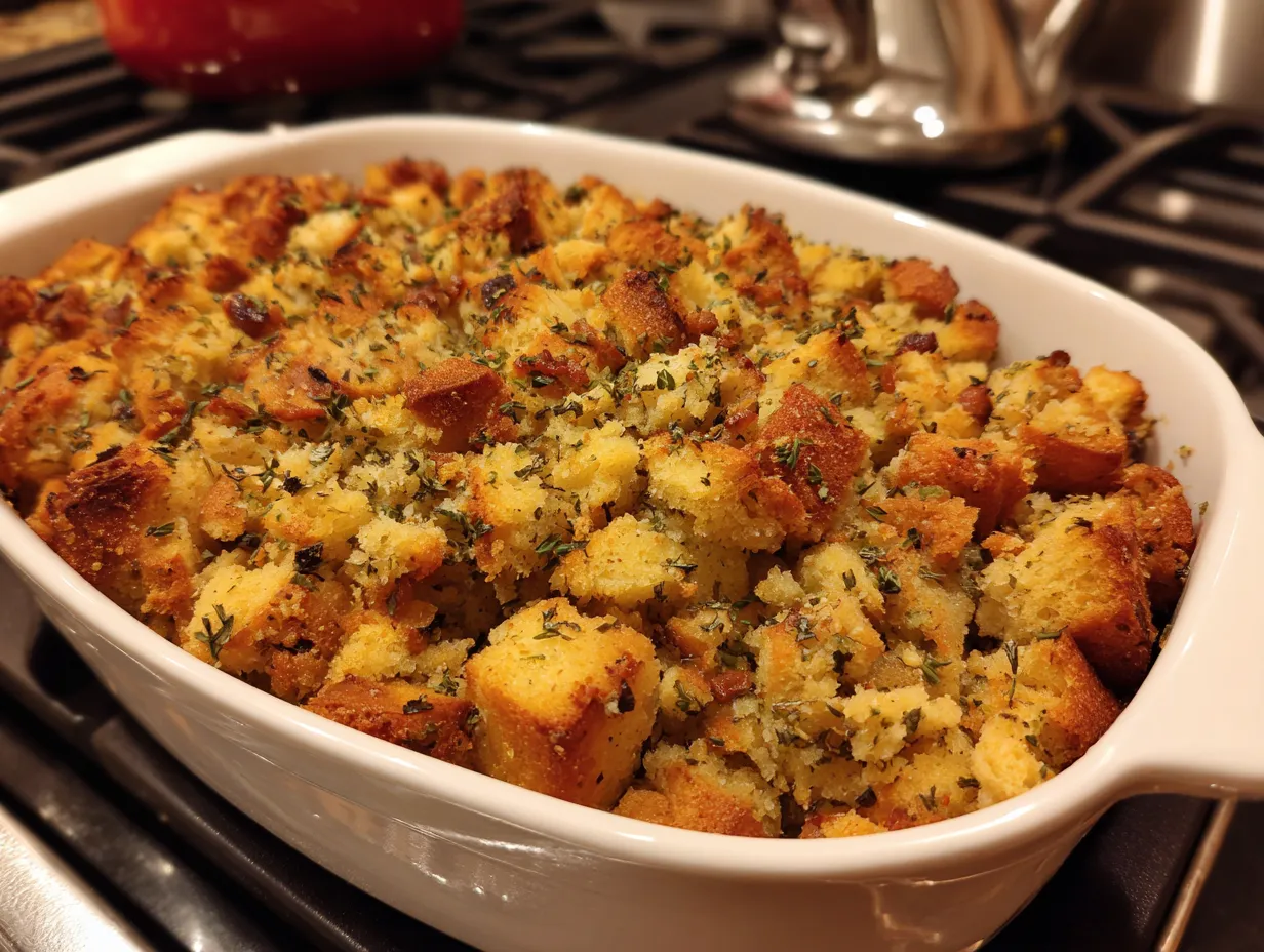 Golden brown bacon cornbread stuffing in a baking dish, ready to be served