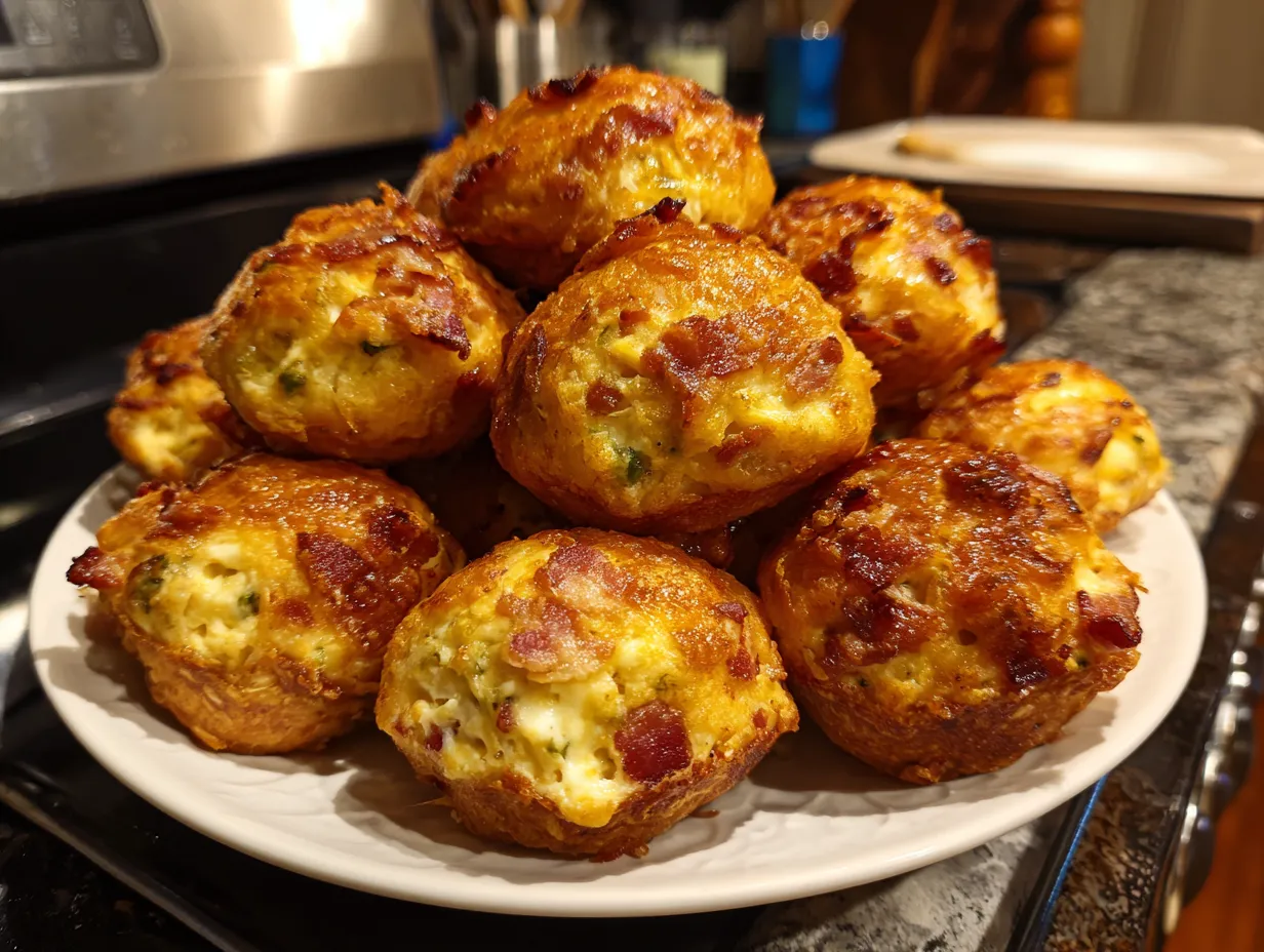 A batch of freshly made bacon jalapeño cream cheese balls displayed on a kitchen counter, showcasing their golden-brown, crispy exterior and creamy filling.
