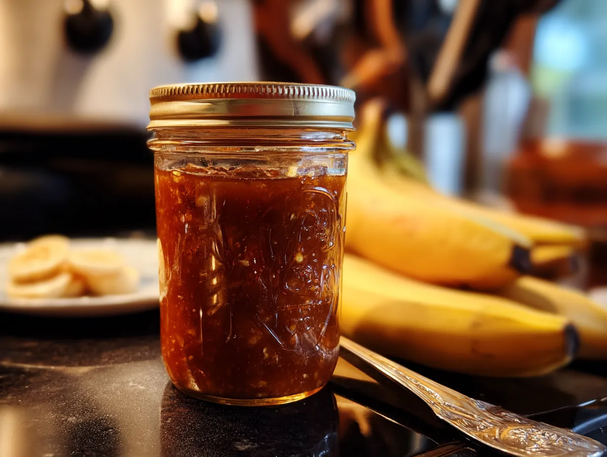 Finished jars of homemade banana jam on a kitchen counter