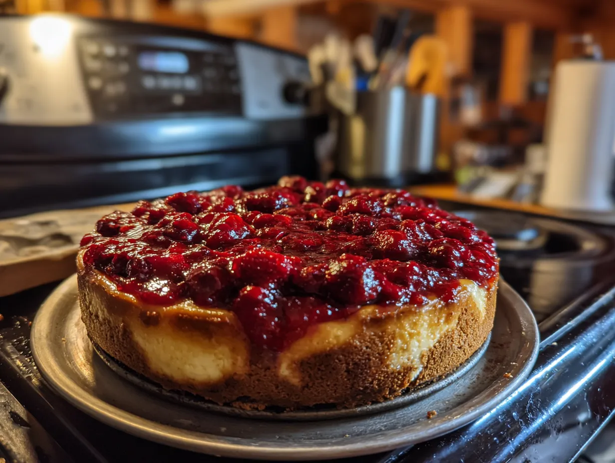 Finished Berry Cheesecake with berry topping on a plate