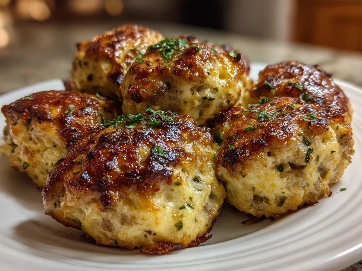 Golden brown Bisquick Sausage Balls on a white plate.