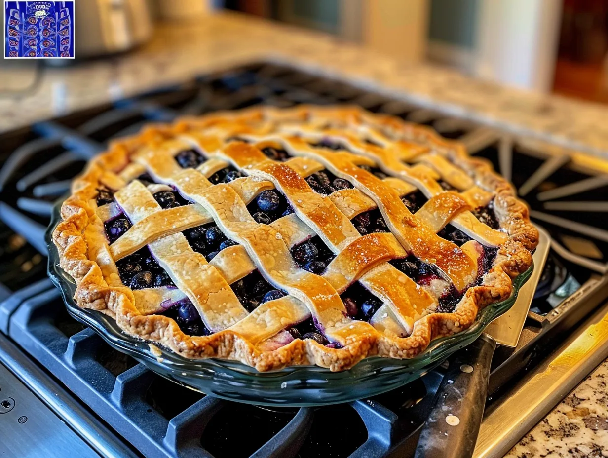 A freshly baked Blueberry Pie Recipe sitting on a kitchen counter, showcasing its golden-brown crust and bubbling filling