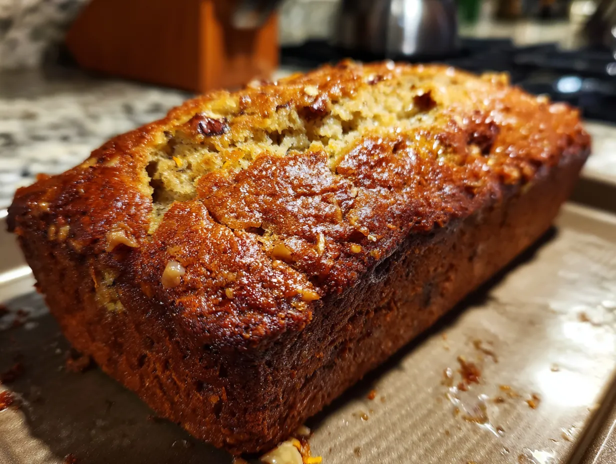 Finished carrot cake banana bread on a rustic wooden table