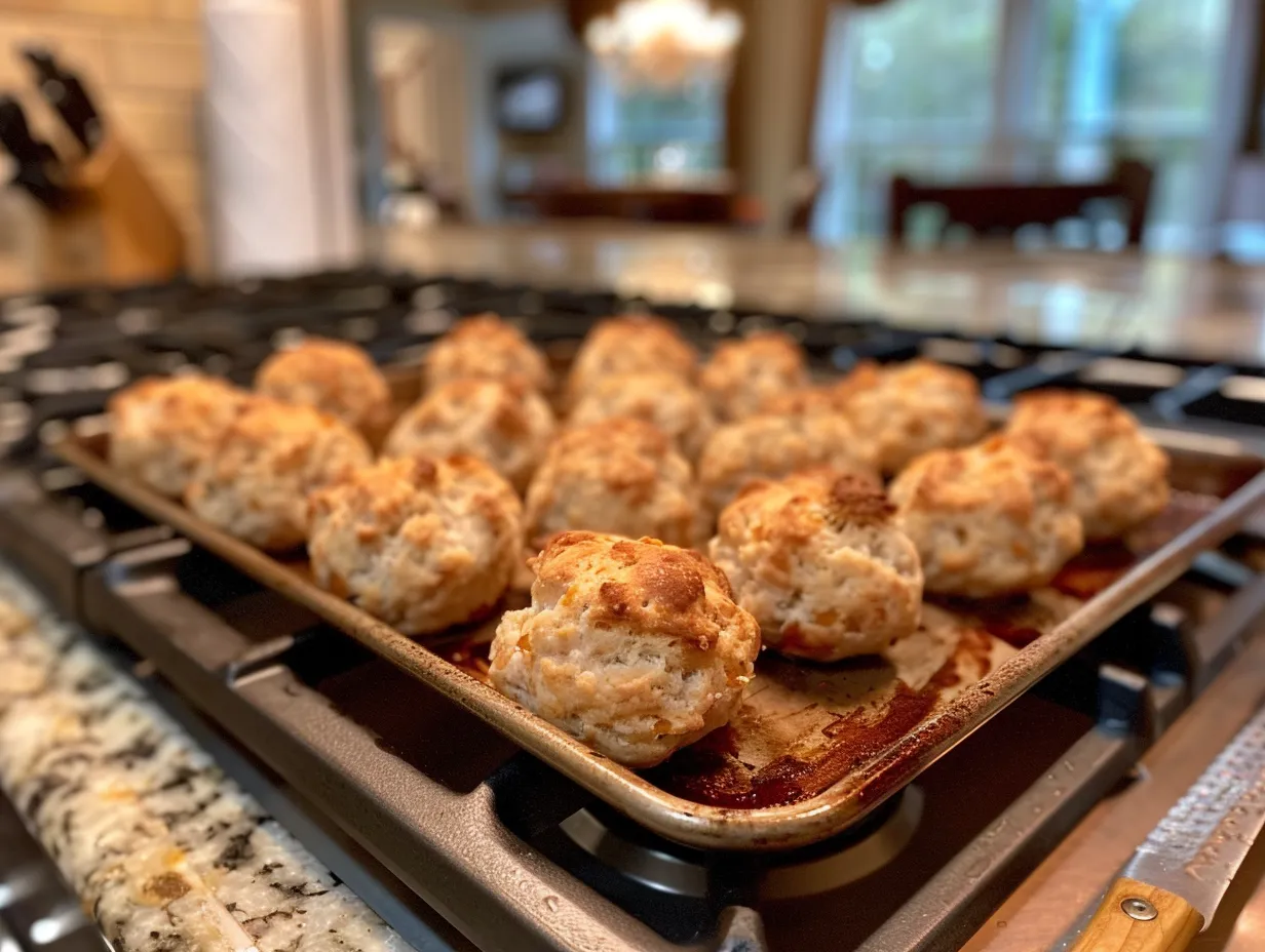 Delicious, golden-brown Cheddar Bay Biscuit Sausage Balls served on a plate.