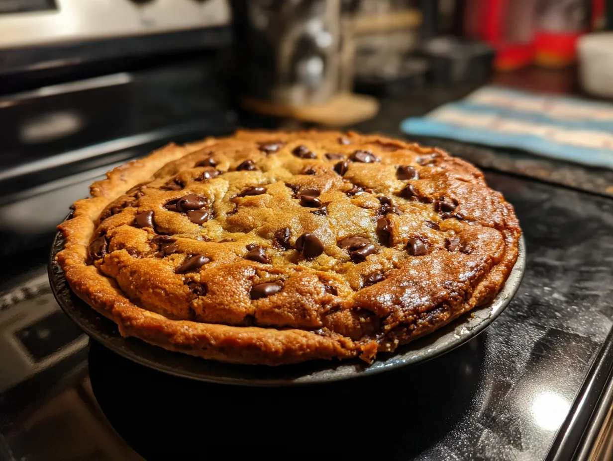 Finished chocolate chip cookie pie on a plate