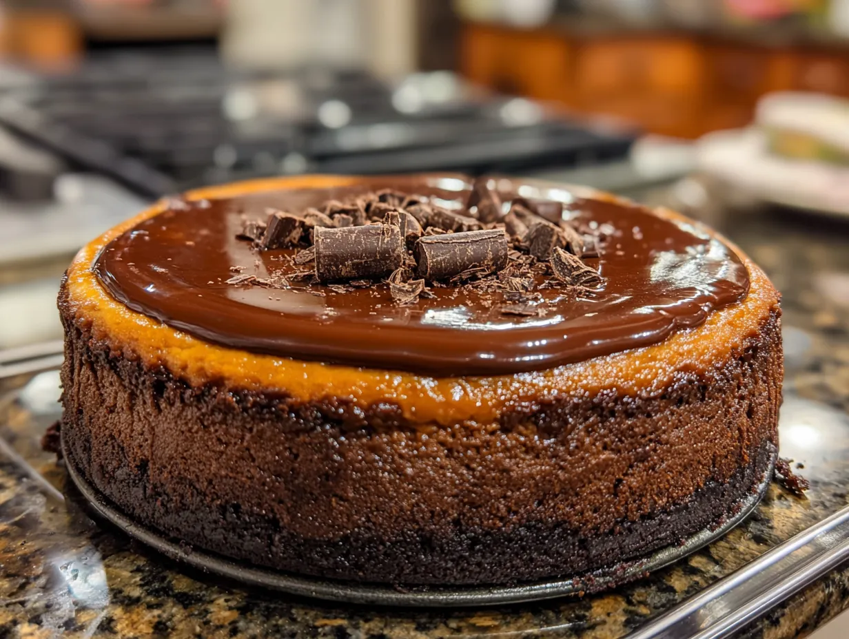 A sliced chocolate orange cheesecake garnished with chocolate shavings and orange slices