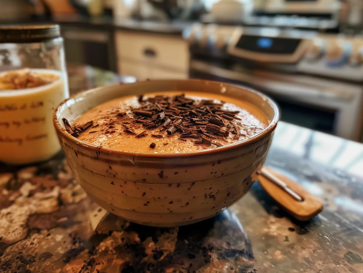 Finished Chocolate Orange Posset on a kitchen counter