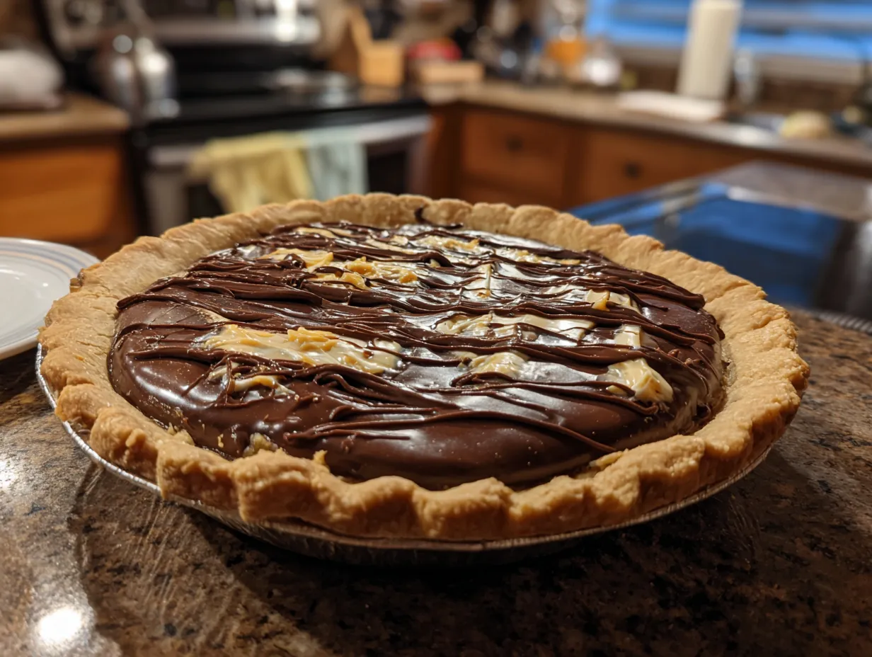 Deliciously finished chocolate peanut butter pie with ganache.
