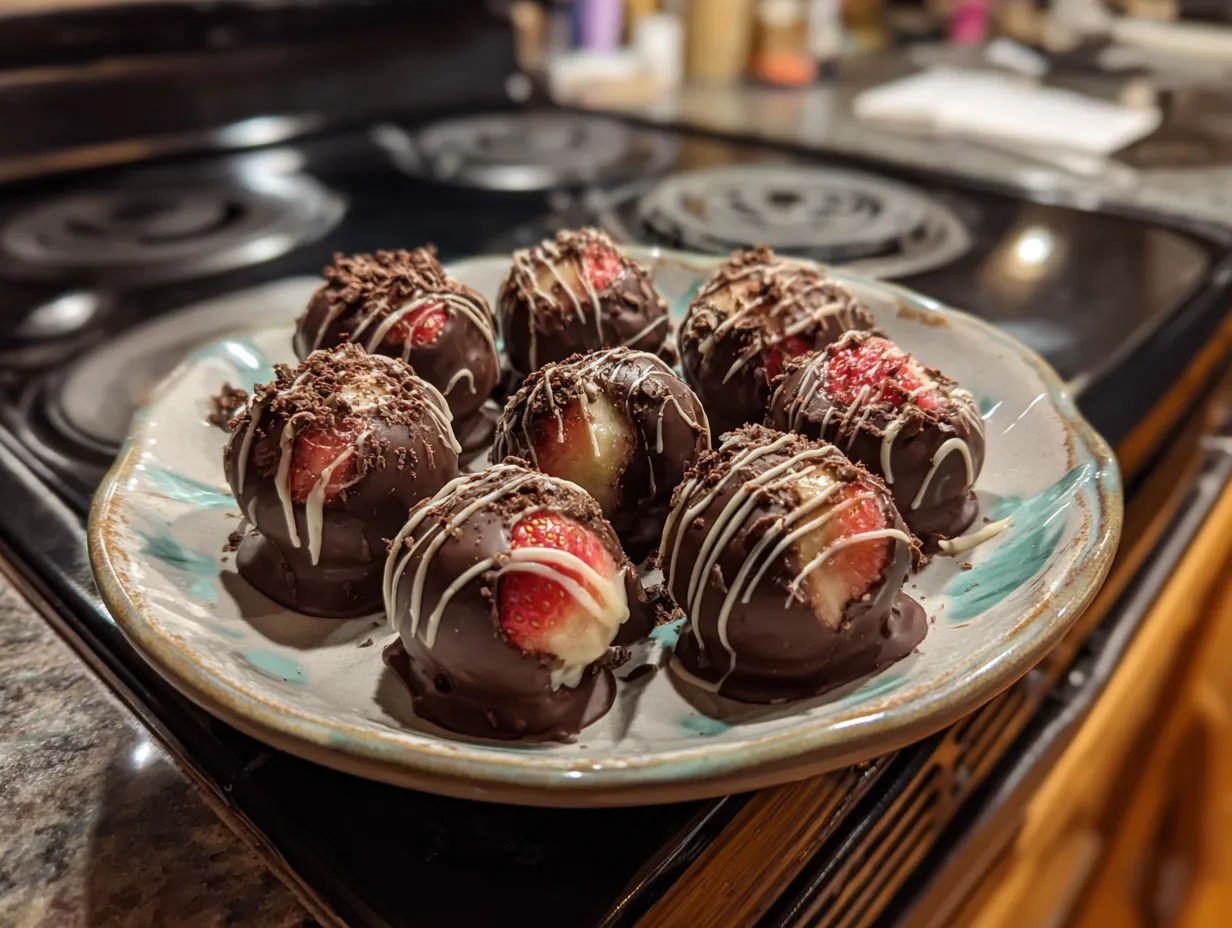 Finished Chocolate Strawberry Frozen Yogurt Bites on a plate